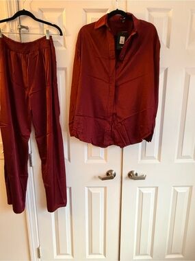 Fashion Nova Satin Two-Piece Set in Burgundy